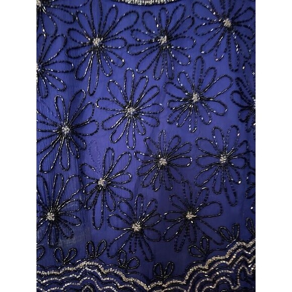 Vtg Adrianna Papell Silk Beaded Top L Royal Blue Silver Black Floral Gatsby Glam - Picture 6 of 9